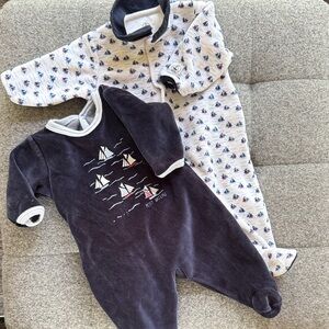 Petit Bateau Sailboat Print Footies - Navy and White